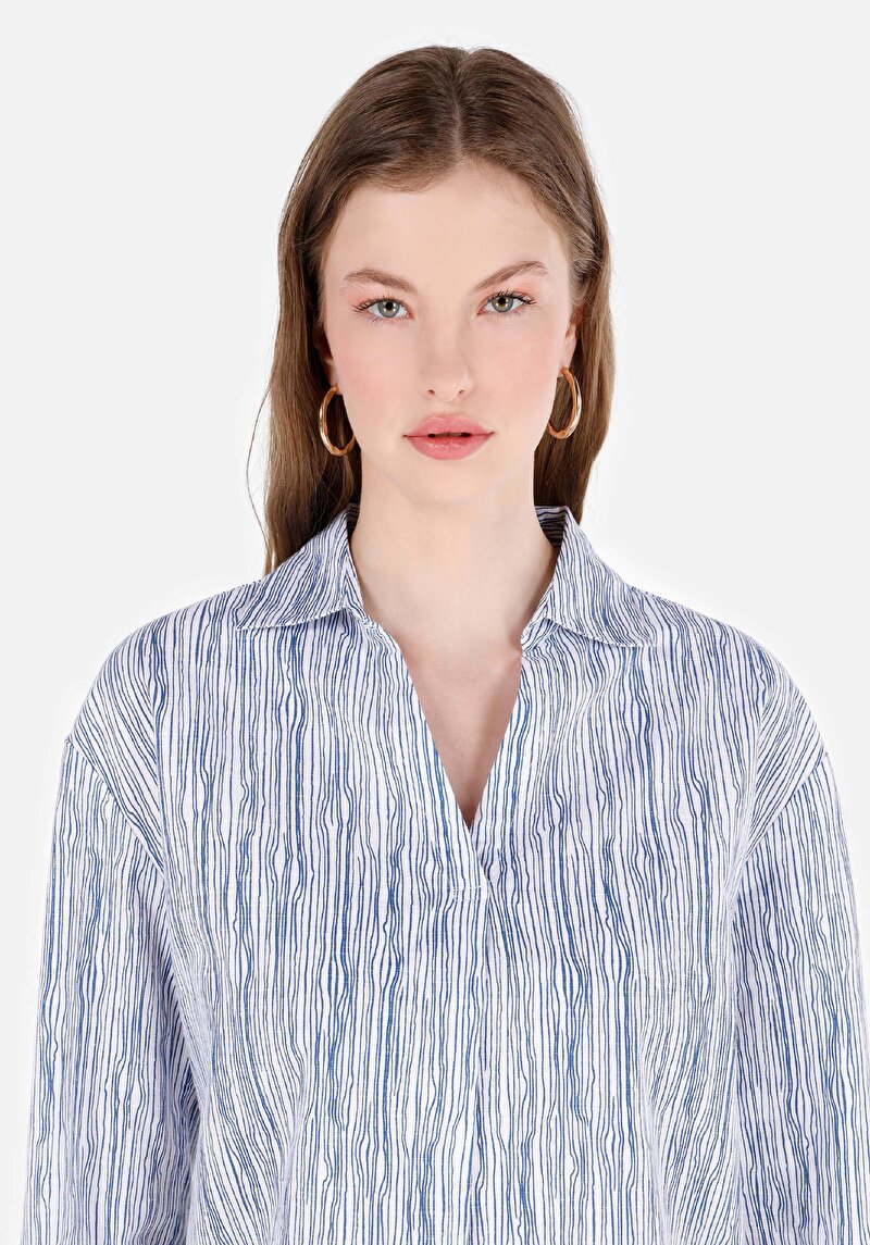 Regular Fit Shirt Neck Çizgili Kadın Beyaz Roll-Up Gömlek