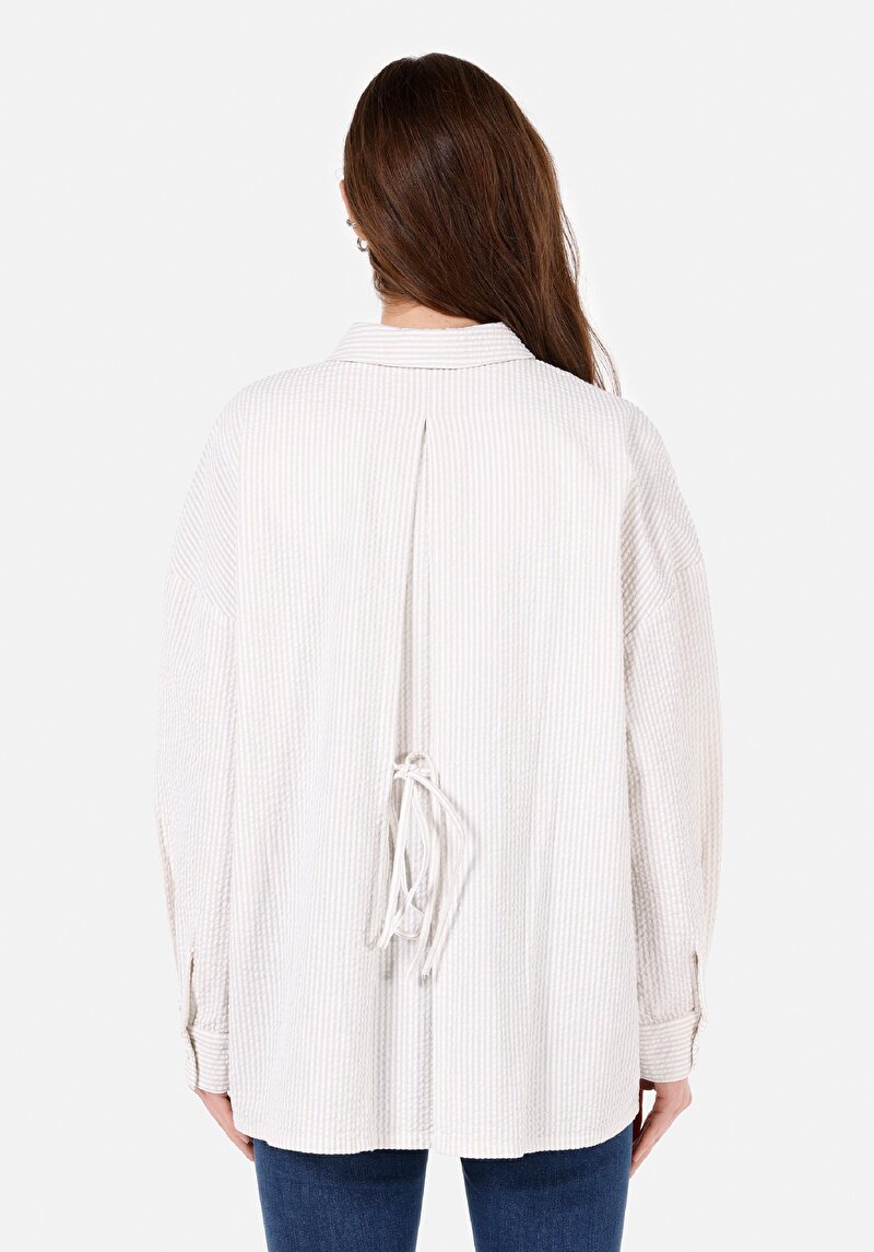 Relax Fit Shirt Neck Çizgili Kadın Taş Uzun Kol Gömlek