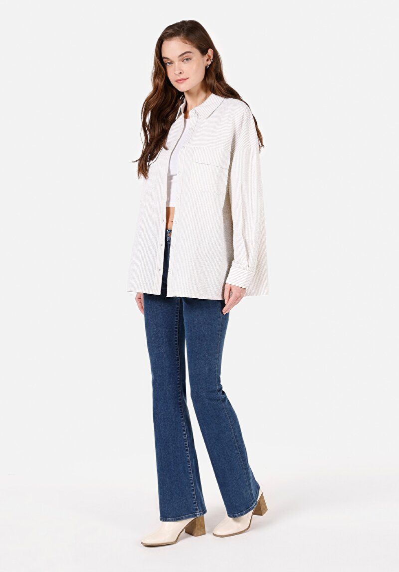 Relax Fit Shirt Neck Çizgili Kadın Taş Uzun Kol Gömlek