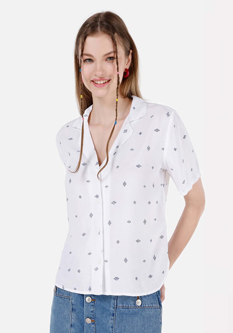 Regular Fit Shirt Neck Çiçekli Kadın Çok Renkli Kısa Kol Gömlek