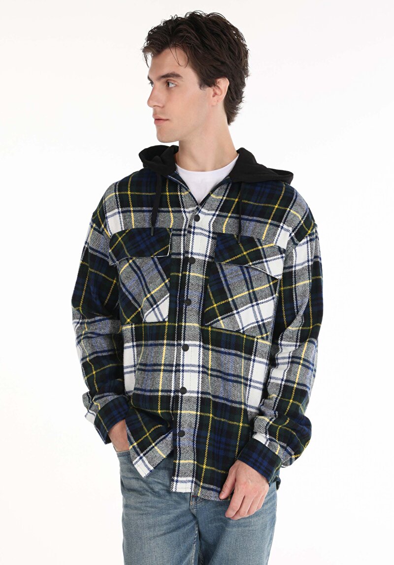 Comfort Fit Kapüşonlu Ekoseli Erkek Yeşil Uzun Kol Gömlek