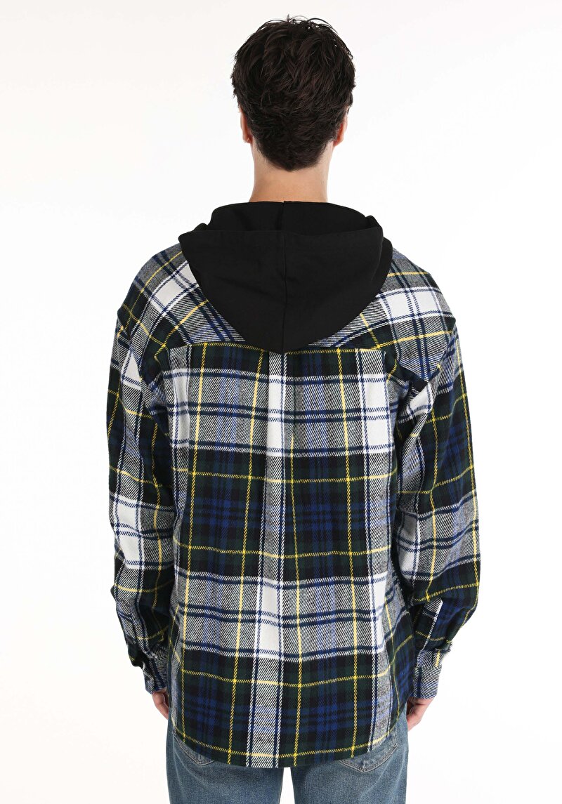 Comfort Fit Kapüşonlu Ekoseli Erkek Yeşil Uzun Kol Gömlek