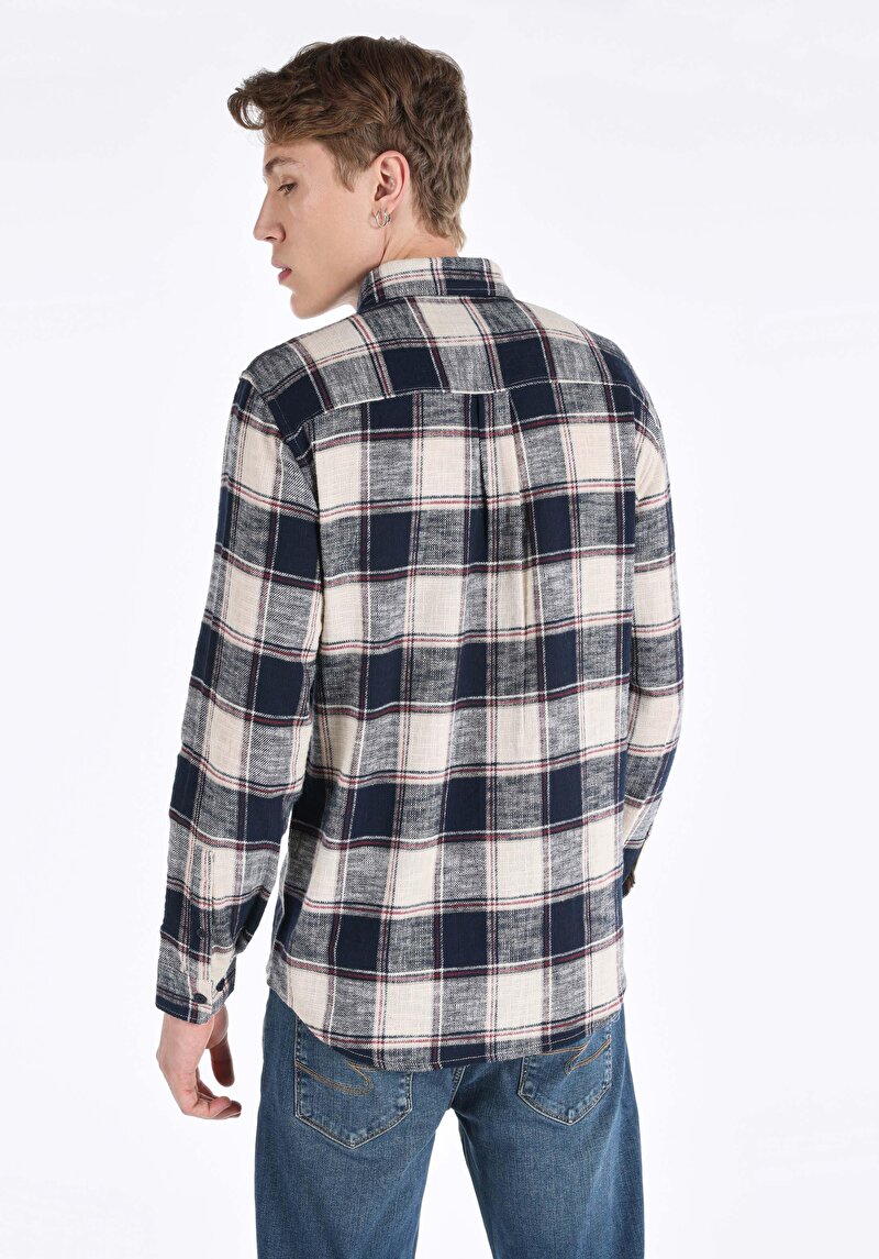 Regular Fit Shirt Neck Ekoseli Erkek Lacivert Uzun Kol Gömlek