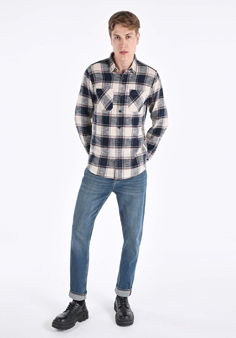 Regular Fit Shirt Neck Ekoseli Erkek Lacivert Uzun Kol Gömlek