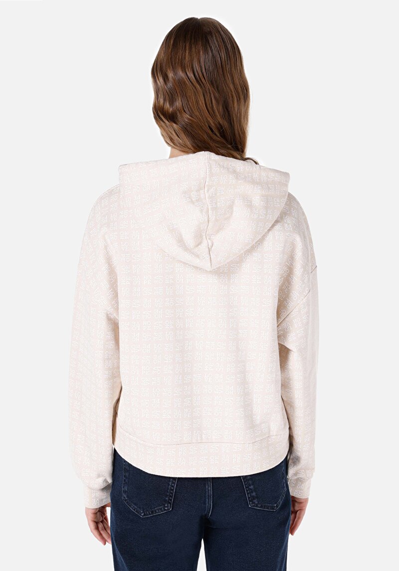 Regular Fit Kapüşonlu Baskılı Kadın Bej Sweatshirt