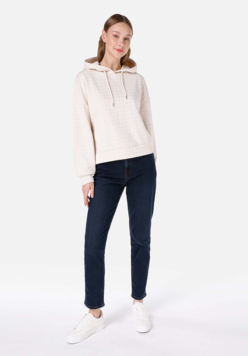 Regular Fit Kapüşonlu Baskılı Kadın Bej Sweatshirt