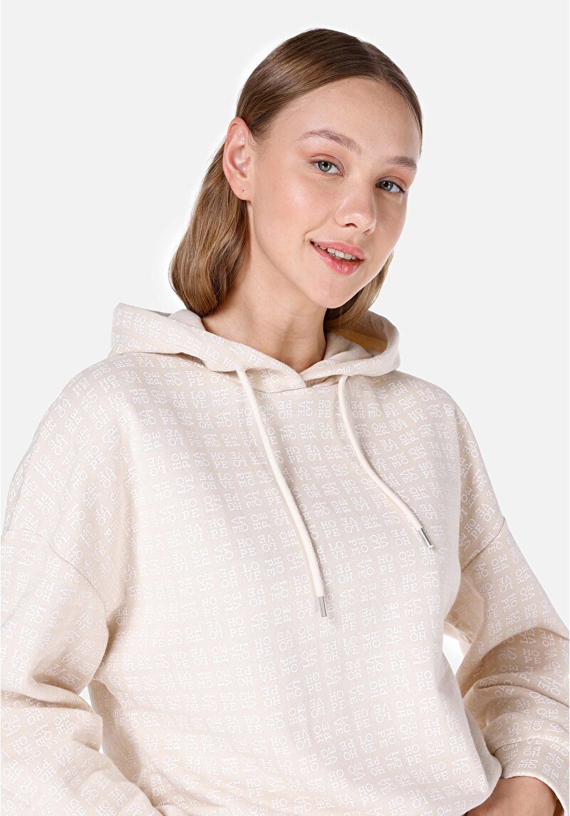 Regular Fit Kapüşonlu Baskılı Kadın Bej Sweatshirt