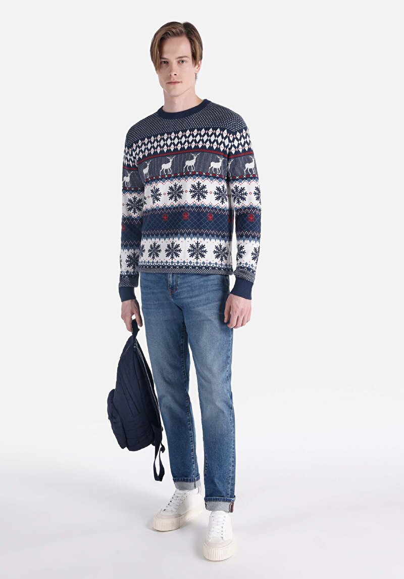 Regular Fit Yuvarlak Yaka Baskılı Erkek Çok Renkli Kazak