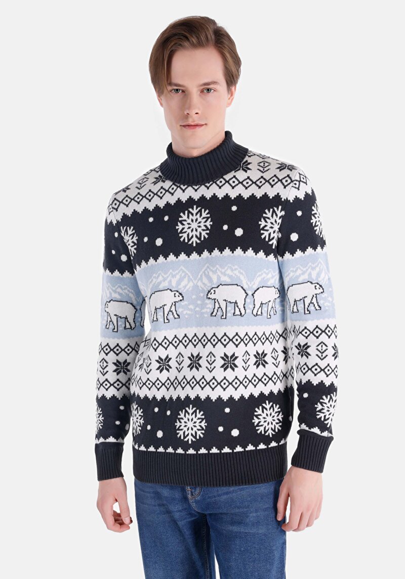 Regular Fit Turtle Neck Jakarlı Erkek Lacivert Kazak