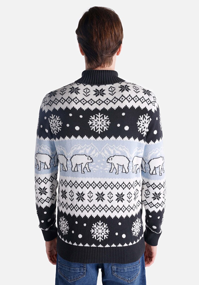 Regular Fit Turtle Neck Jakarlı Erkek Lacivert Kazak