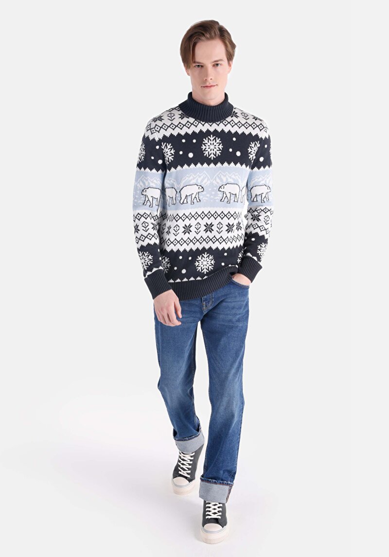 Regular Fit Turtle Neck Jakarlı Erkek Lacivert Kazak