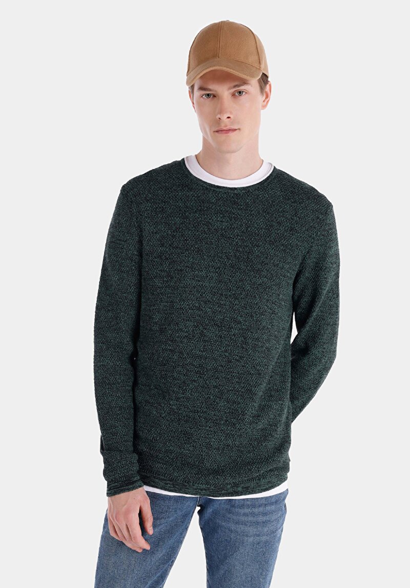 Slim Fit Yuvarlak Yaka Düz Erkek Yeşil Kazak