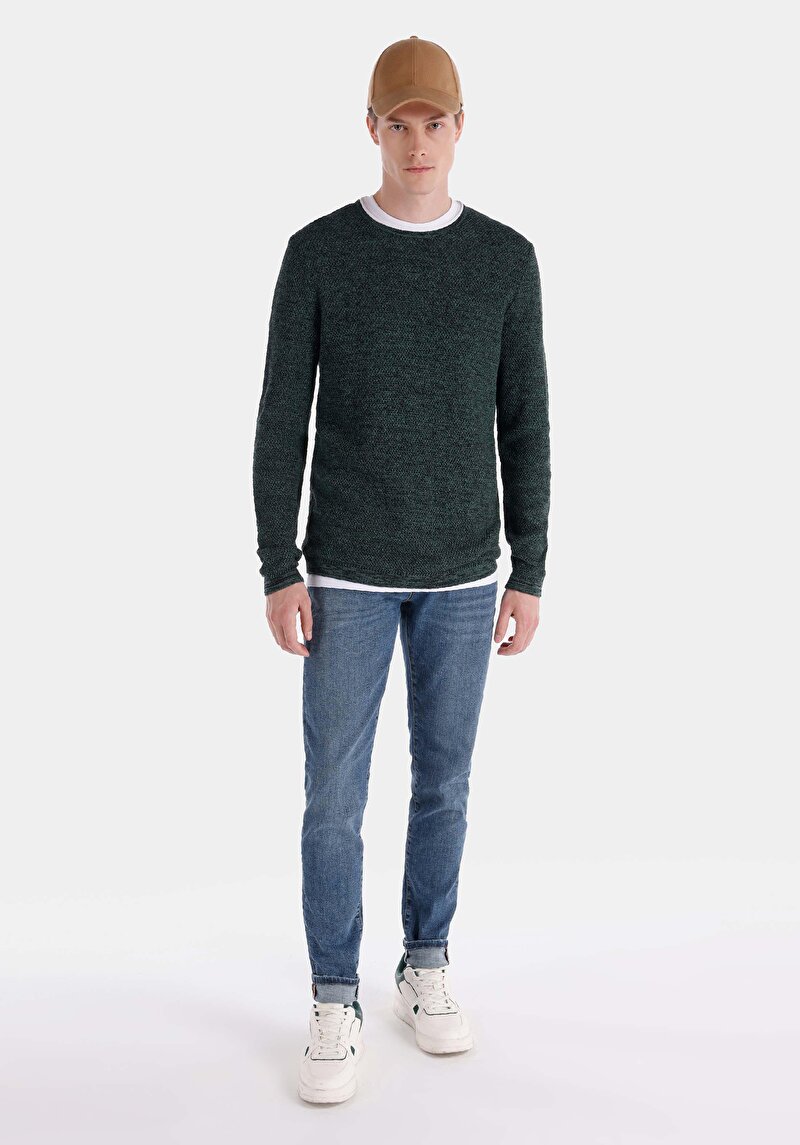 Slim Fit Yuvarlak Yaka Düz Erkek Yeşil Kazak