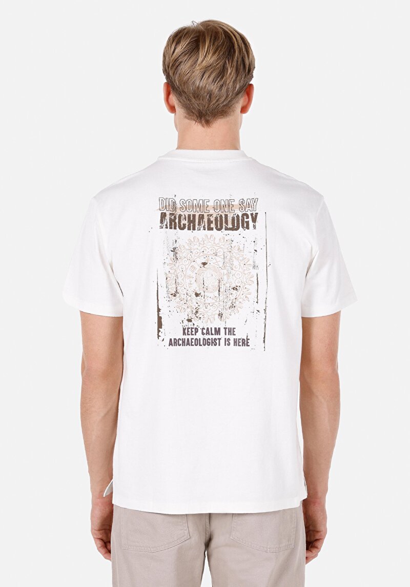 Comfort Fit Yuvarlak Yaka Düz Erkek Ekru Kısa Kol Tişört