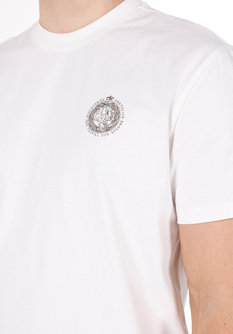 Comfort Fit Yuvarlak Yaka Düz Erkek Ekru Kısa Kol Tişört