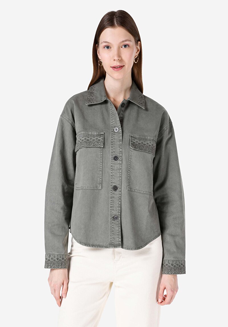 Regular Fit Shirt Neck Baskılı Kadın Yeşil Uzun Kol Gömlek