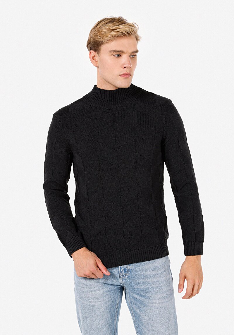 Slim Fit Turtle Neck Jakarlı Erkek Antrasit Kazak
