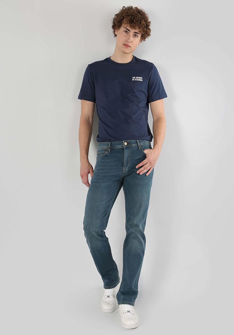 Regular Fit Orta Bel Düz Paça Erkek İndigo Jean Pantolon
