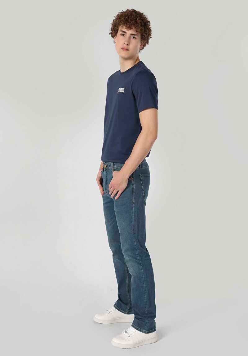 Regular Fit Orta Bel Düz Paça Erkek İndigo Jean Pantolon