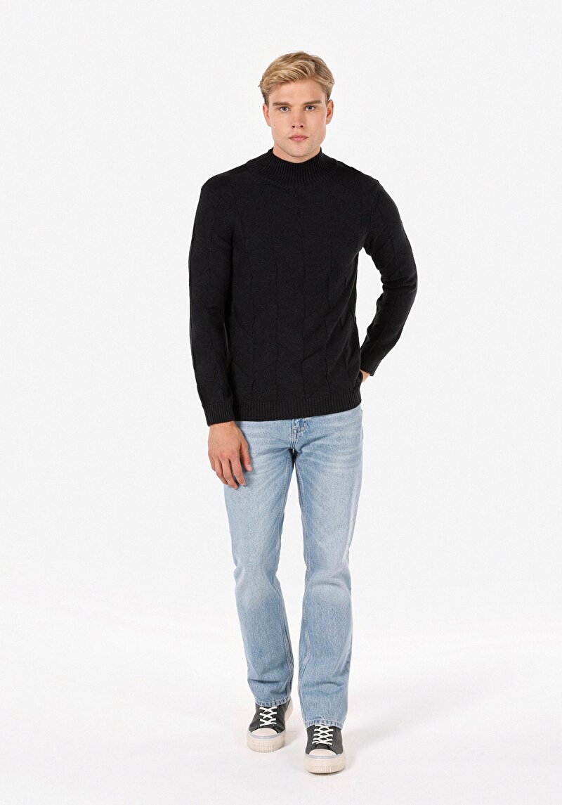 Pamuklu Slim Fit Turtle Neck Jakarlı Erkek Antrasit Kazak