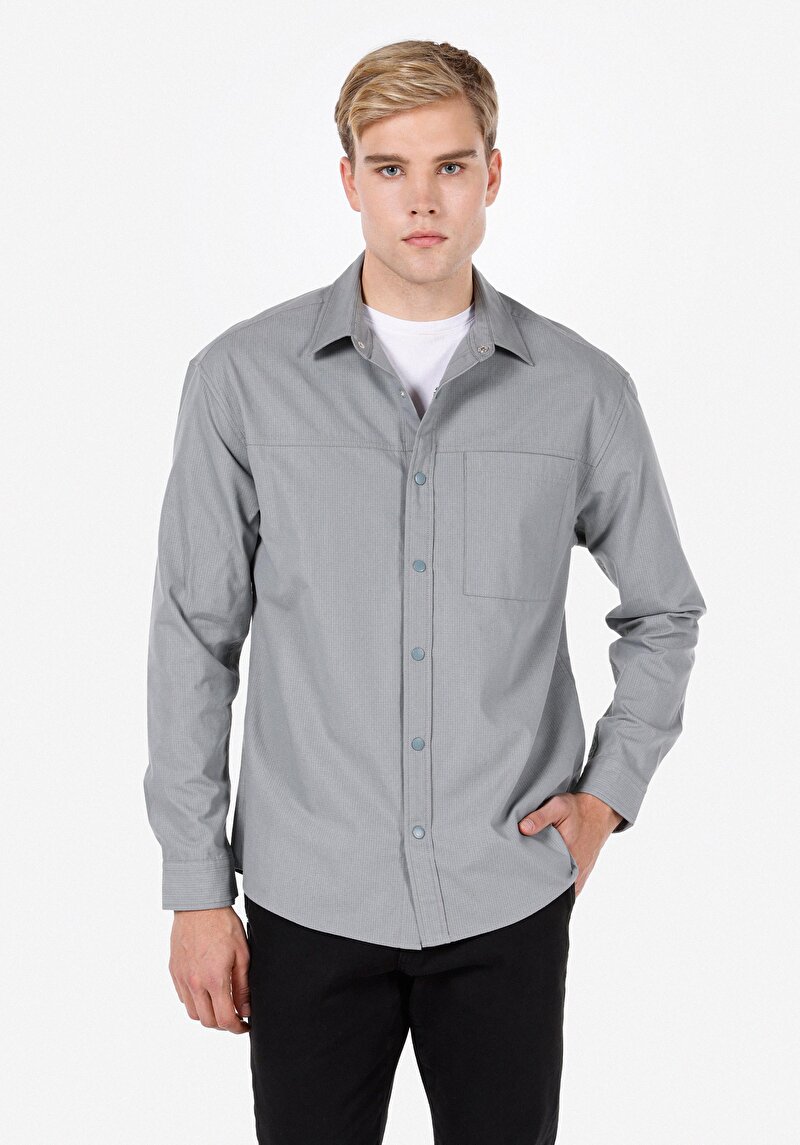 Regular Fit Shirt Neck Düz Erkek Gri Uzun Kol Gömlek