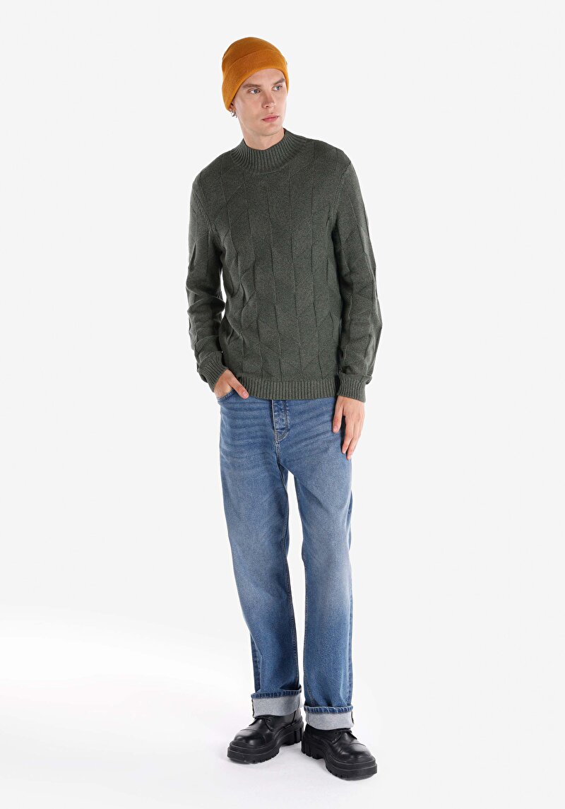 Slim Fit Turtle Neck Jakarlı Erkek Yeşil Kazak