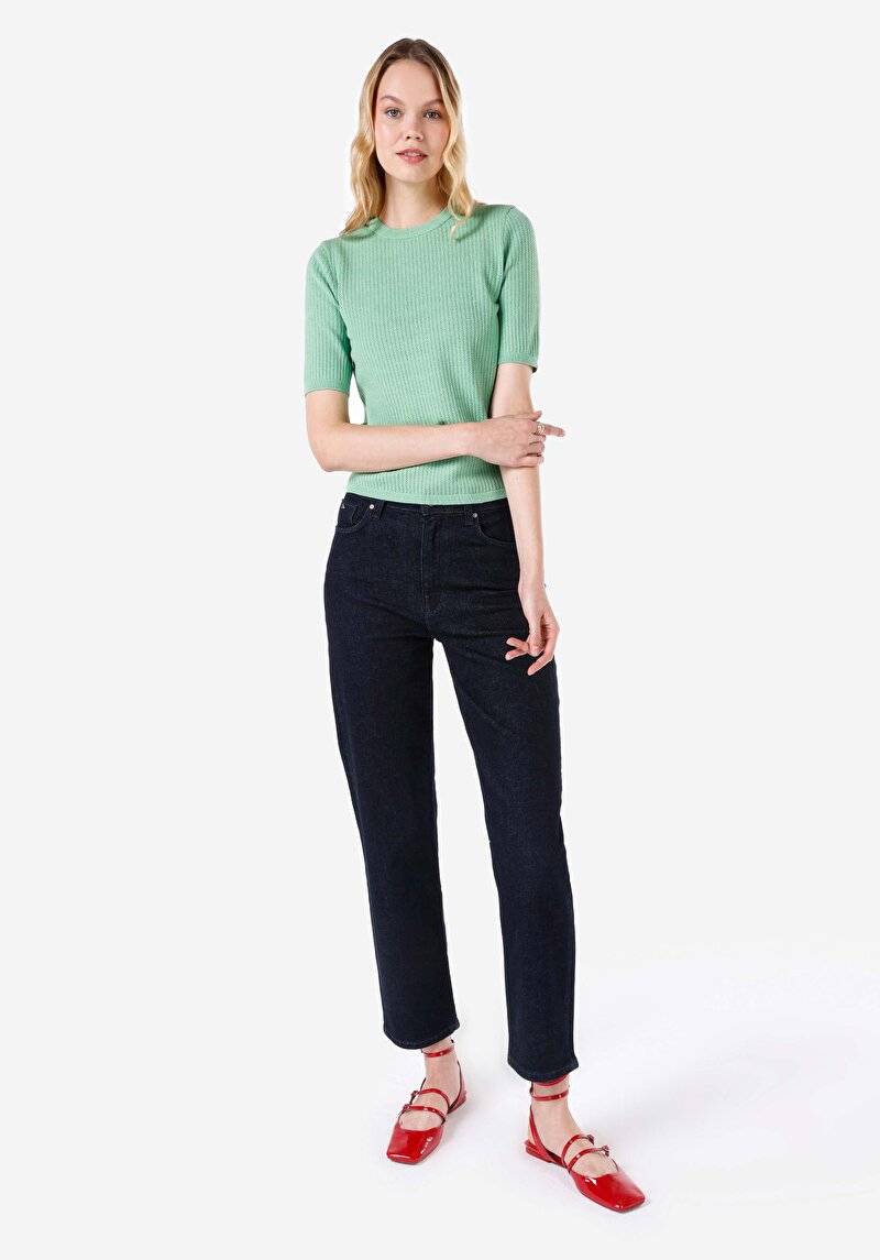 Slim Fit Yuvarlak Yaka Kadın Yeşil Kısa Kol Kazak