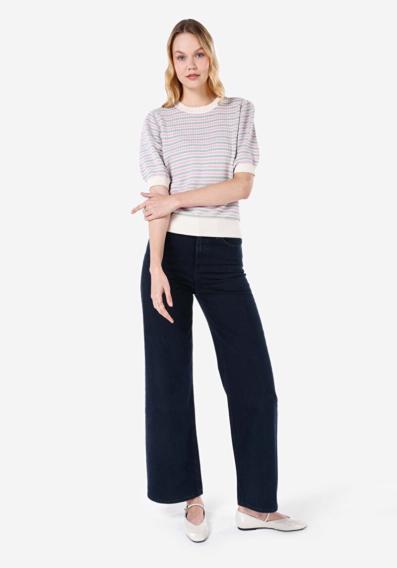 Regular Fit Yuvarlak Yaka Kadın Çok Renkli Kısa Kol Kazak