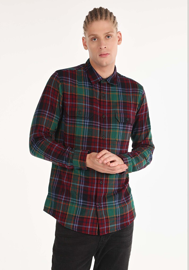 Regular Fit Shirt Neck Ekoseli Erkek Çok Renkli Uzun Kol Gömlek