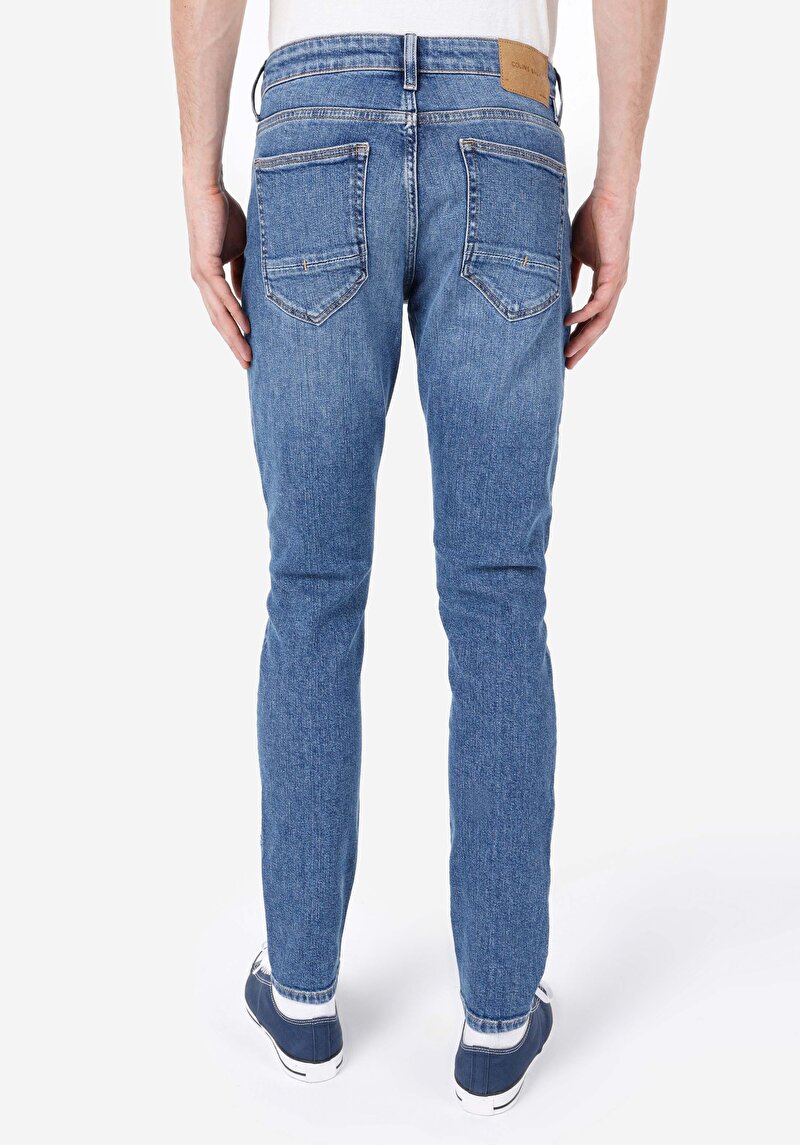 Slim Fit Düşük Bel Dar Paça Fermuarlı Erkek Mid İndigo Denim Jean Pantolon