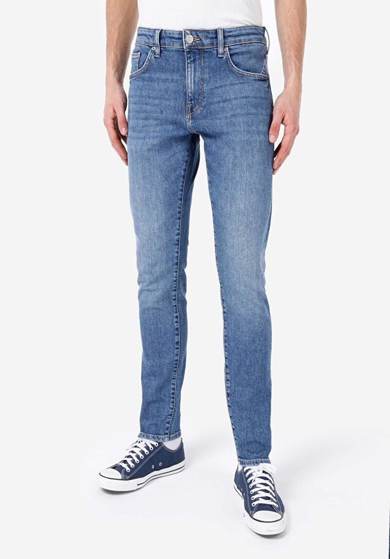 Slim Fit Düşük Bel Dar Paça Fermuarlı Erkek Mid İndigo Denim Jean Pantolon
