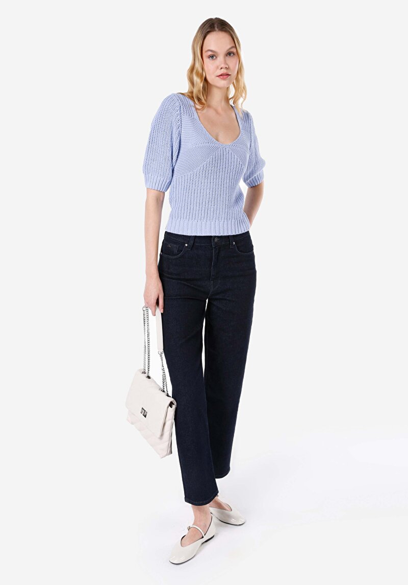 Slim Fit Derin Bisiklet Yaka Kadın Mor Kısa Kol Kazak