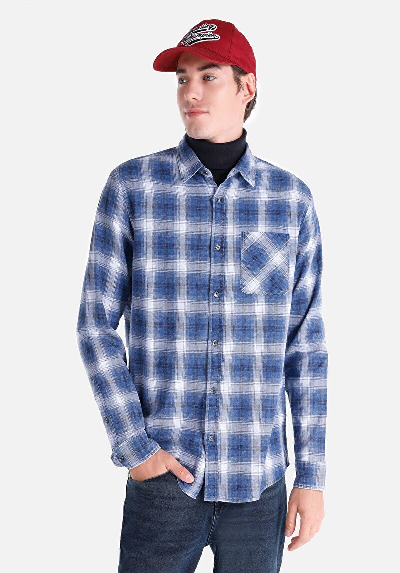Regular Fit Shirt Neck Ekoseli Erkek Mavi Uzun Kol Gömlek
