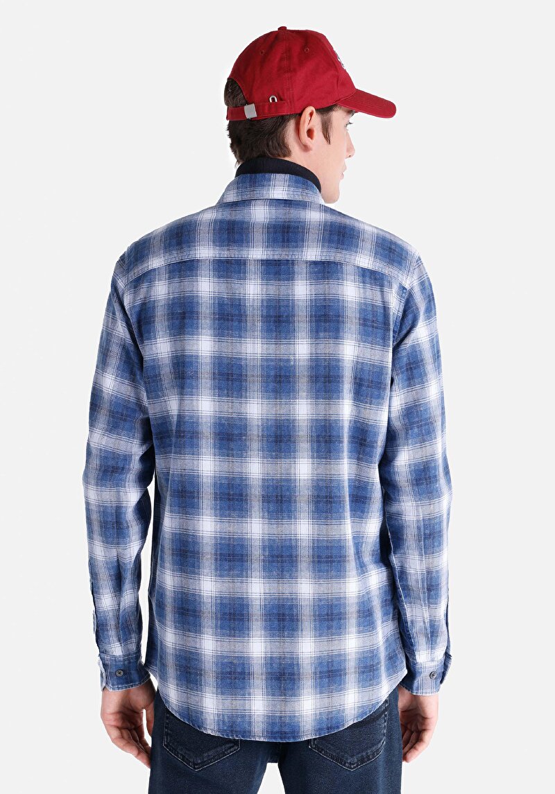 Regular Fit Shirt Neck Ekoseli Erkek Mavi Uzun Kol Gömlek