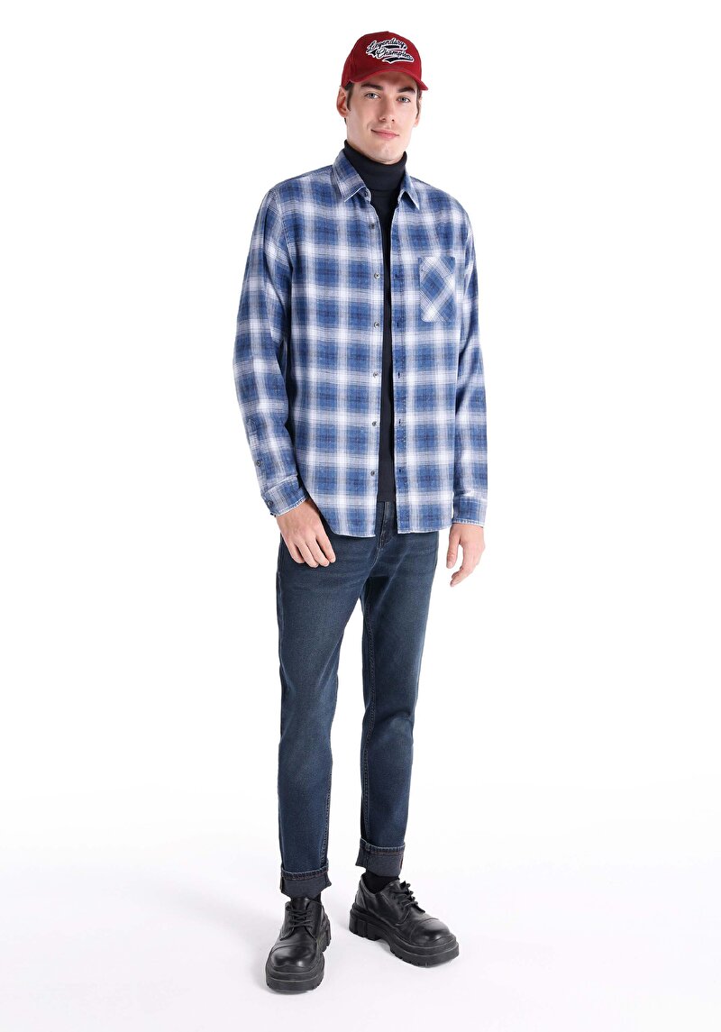 Regular Fit Shirt Neck Ekoseli Erkek Mavi Uzun Kol Gömlek