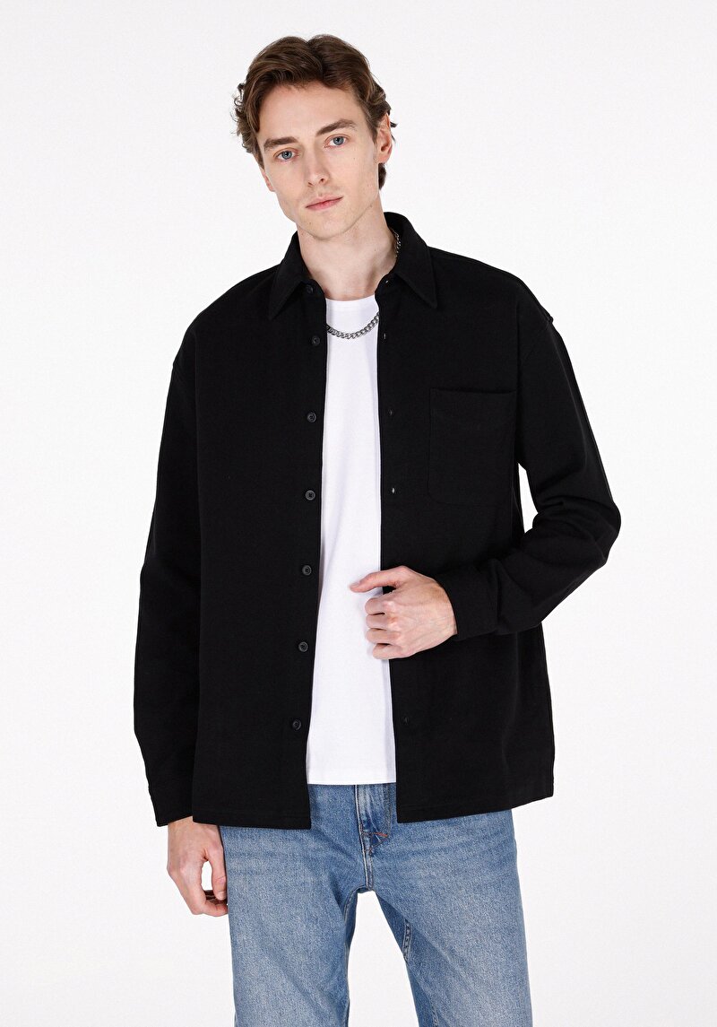 Regular Fit Shirt Neck Düz Erkek Siyah Uzun Kol Gömlek