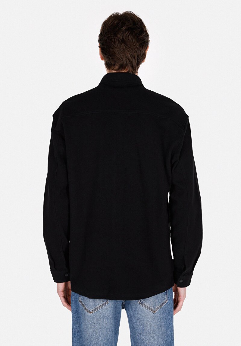 Regular Fit Shirt Neck Düz Erkek Siyah Uzun Kol Gömlek