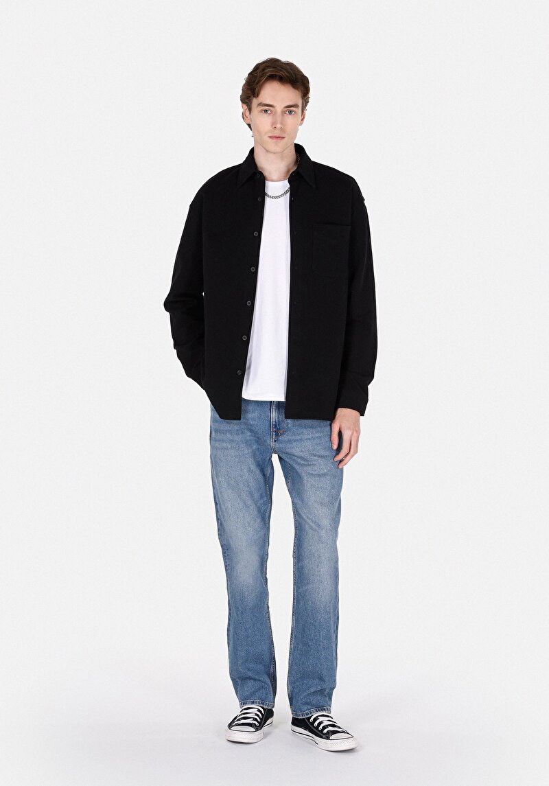 Regular Fit Shirt Neck Düz Erkek Siyah Uzun Kol Gömlek