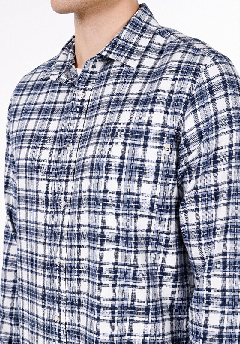 Regular Fit Shirt Neck Ekoseli Erkek Lacivert Uzun Kol Gömlek