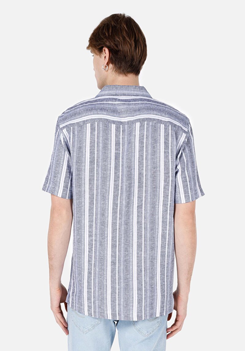 Regular Fit Shirt Neck Çizgili Erkek Mavi Kısa Kol Gömlek