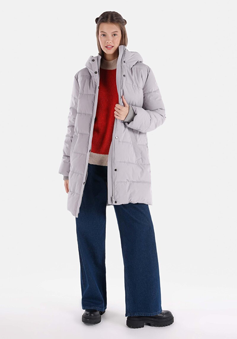 Regular Fit Kapüşonlu Fermuarlı Astarlı Kadın Gri Kaban