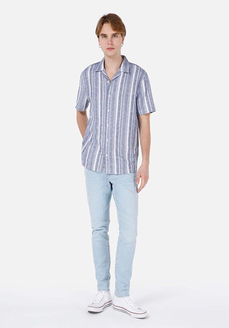 Regular Fit Shirt Neck Çizgili Erkek Mavi Kısa Kol Gömlek