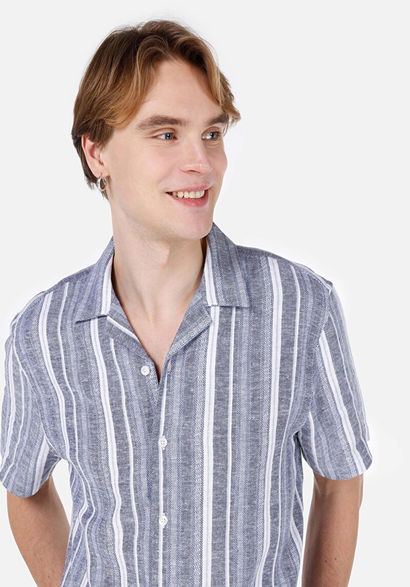 Regular Fit Shirt Neck Çizgili Erkek Mavi Kısa Kol Gömlek