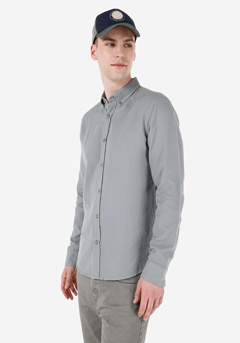 Slim Fit Shirt Neck Cepsiz Düz Erkek Yeşil Uzun Kol Gömlek