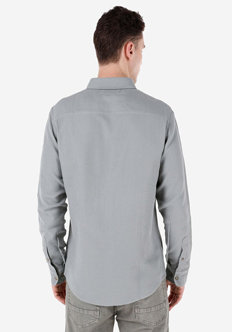 Slim Fit Shirt Neck Cepsiz Düz Erkek Yeşil Uzun Kol Gömlek