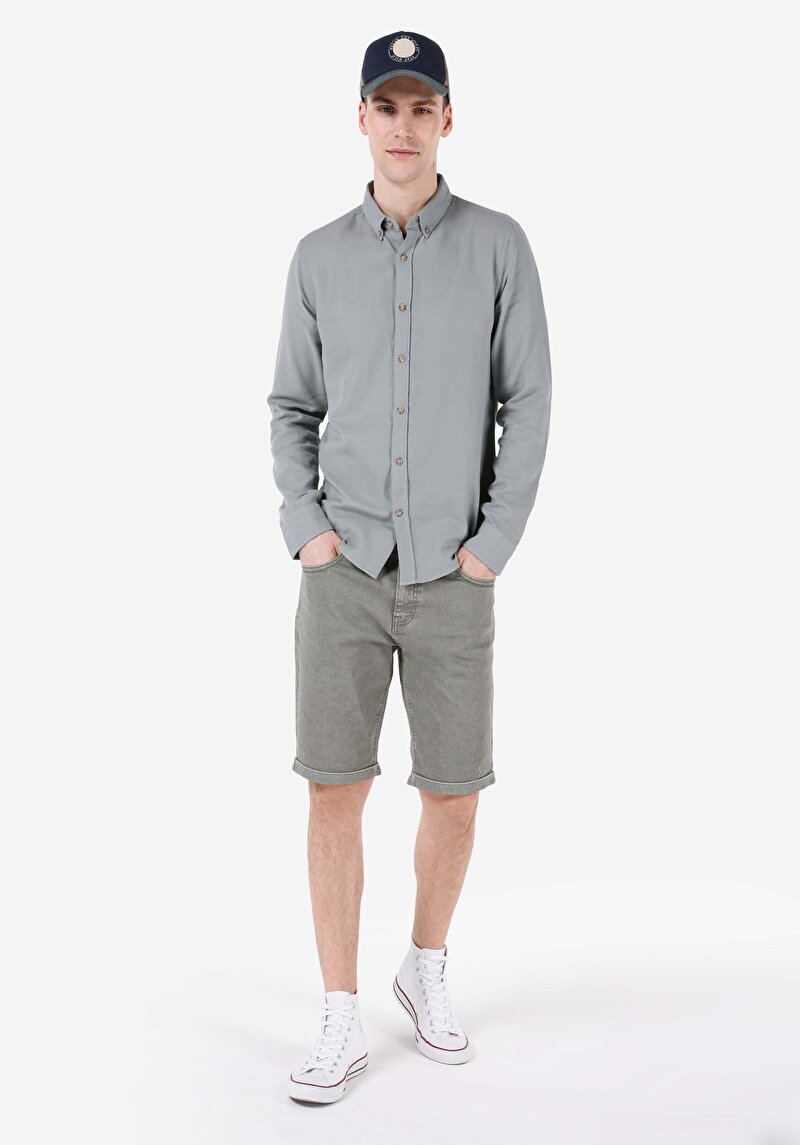 Slim Fit Shirt Neck Cepsiz Düz Erkek Yeşil Uzun Kol Gömlek