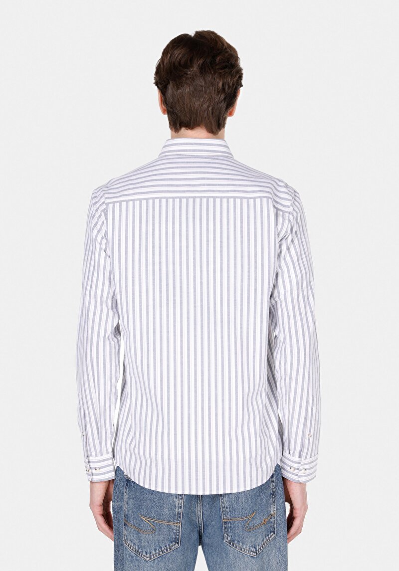 Slim Fit Shirt Neck Çizgili Erkek Mavi Uzun Kol Gömlek