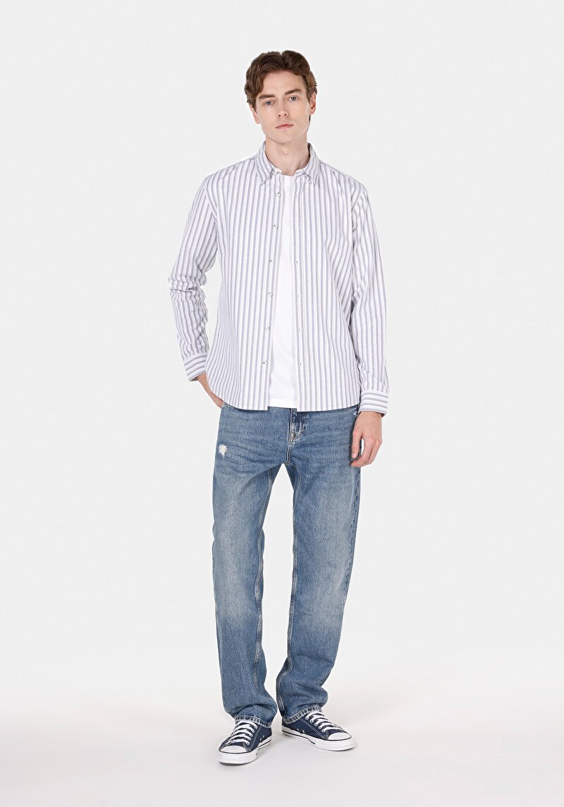 Slim Fit Shirt Neck Çizgili Erkek Mavi Uzun Kol Gömlek