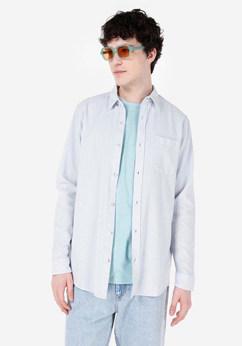 Comfort Fit Shirt Neck Düz Cepli Erkek Mavi Uzun Kol Gömlek