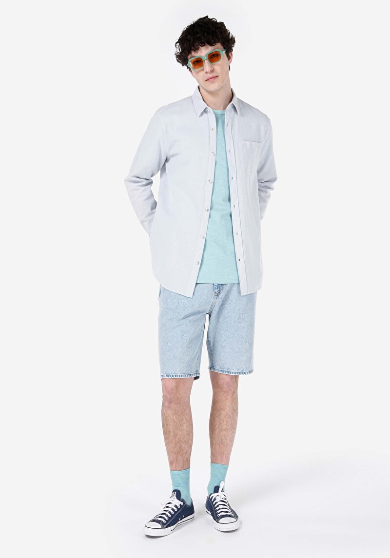 Comfort Fit Shirt Neck Düz Cepli Erkek Mavi Uzun Kol Gömlek